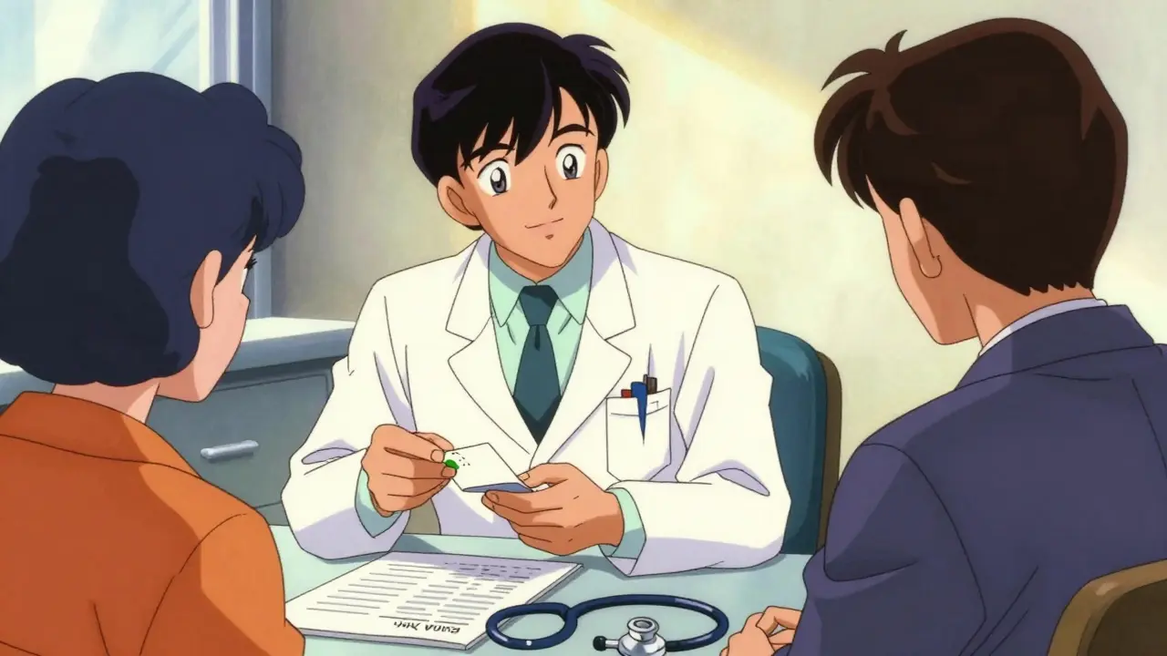 Doctor and patient discussing a medical prescription in a bright clinic, retro anime style