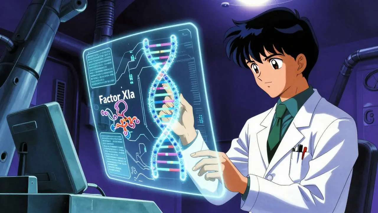 Futuristic retro anime scene of a doctor using AI to analyze blood clotting proteins.