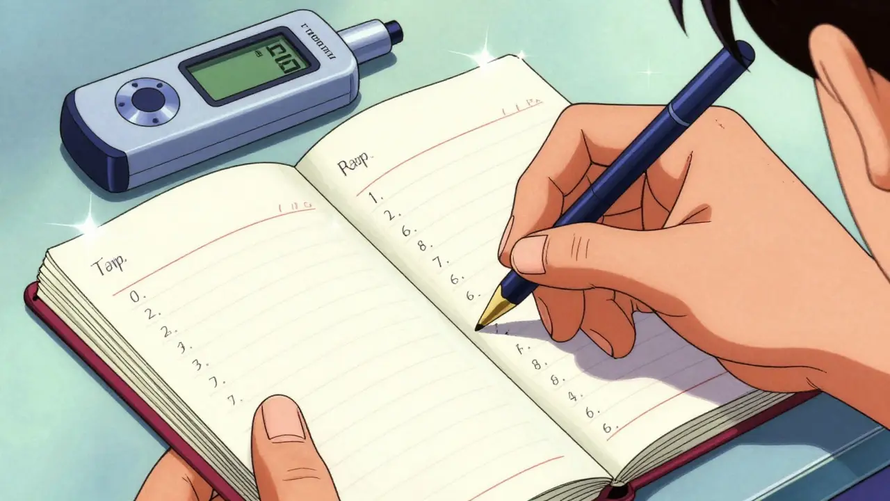 Hand recording peak flow measurements in a diary with a meter nearby.