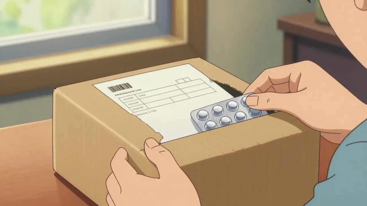 Hands opening a legitimate pharmacy delivery package with medication, retro anime style