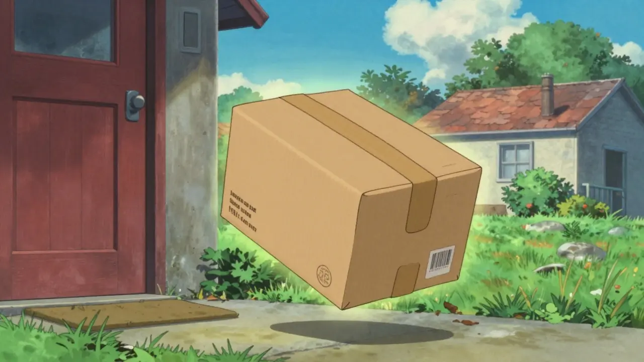 Medication package delivered to a sunny doorstep in retro anime style