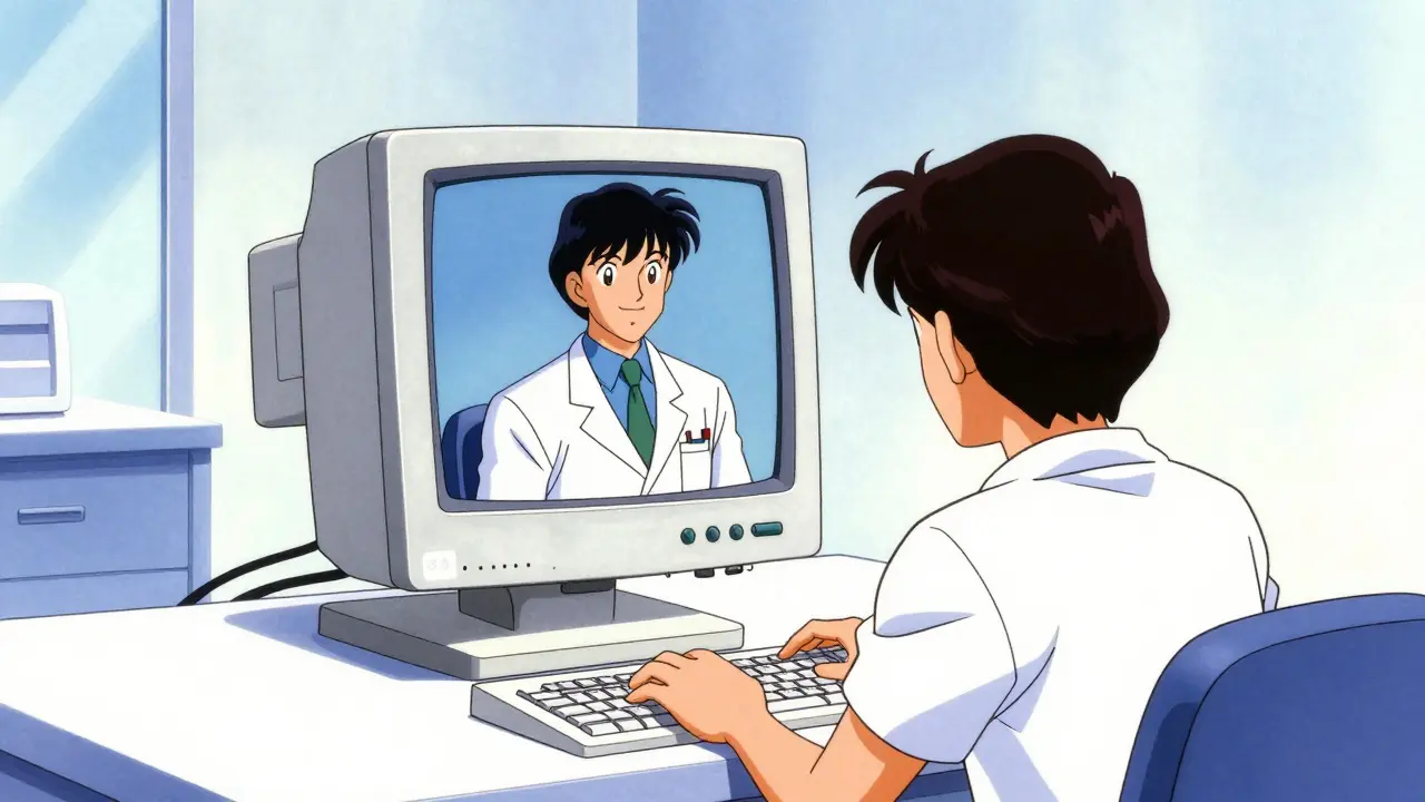 Patient having a virtual doctor appointment on a vintage computer in retro anime style