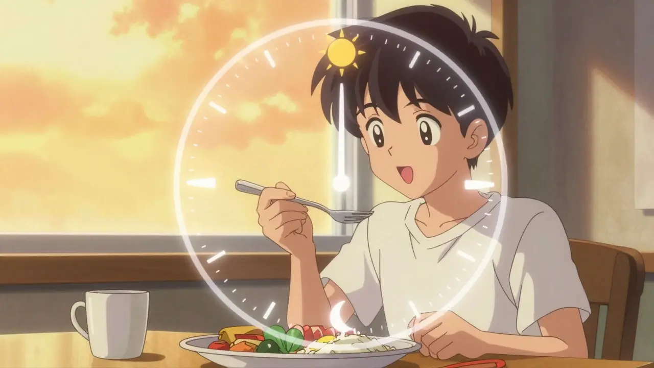Person eating a meal during a sunlight window with a conceptual metabolic timing dial