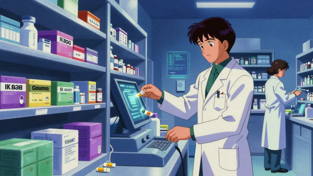 Pharmacist overseeing an efficient dispensing workflow system.