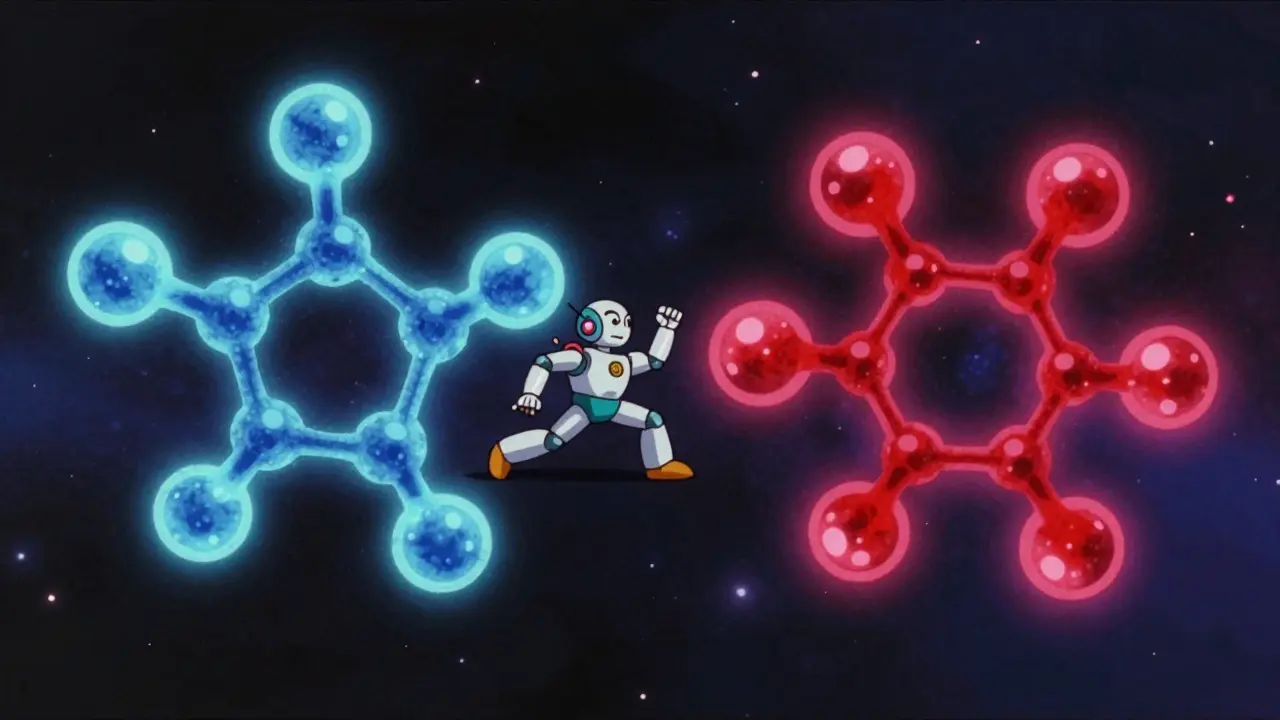 Retro anime conceptual art showing immune cells attacking similar drug molecules to illustrate cross-reactivity.