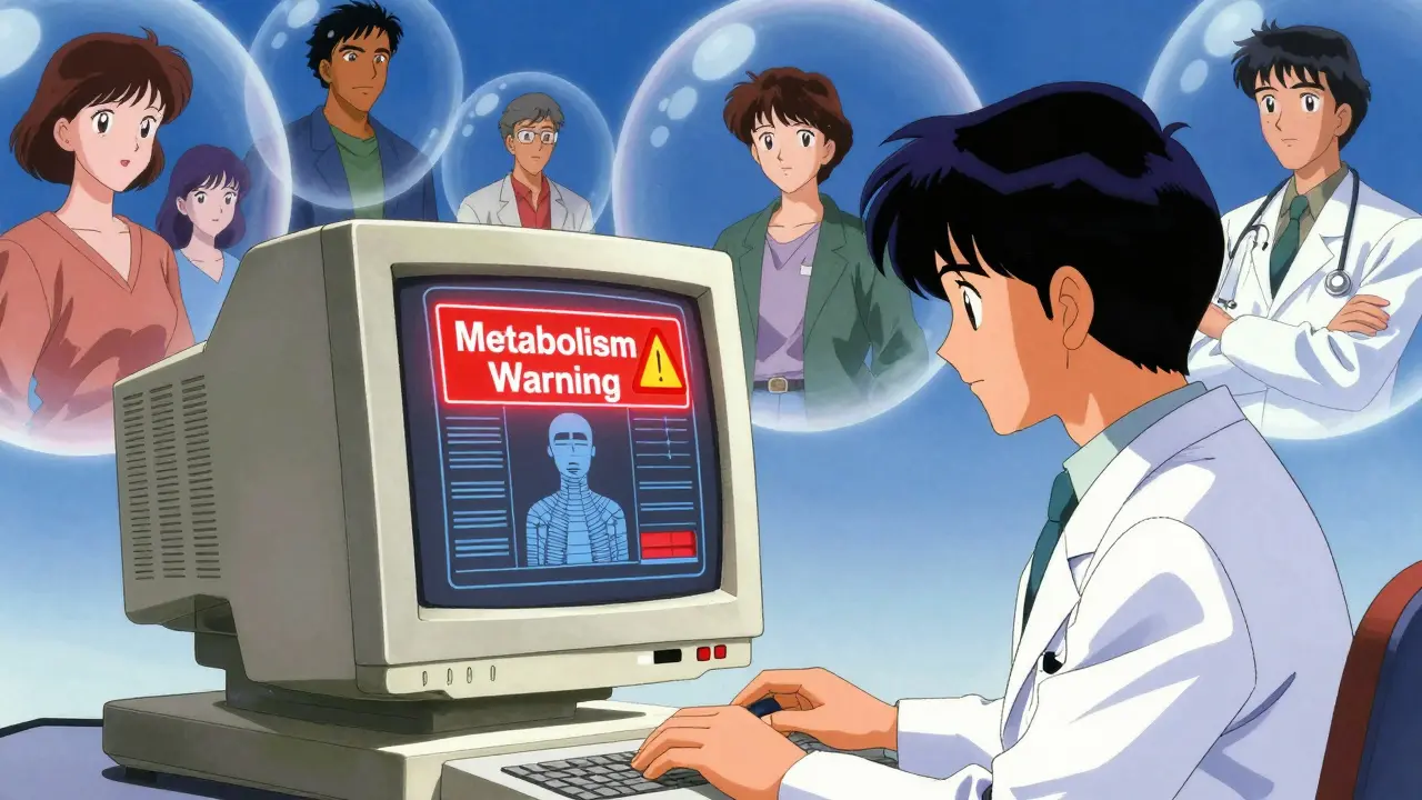 Retro anime doctor viewing a genetic alert on a vintage computer monitor