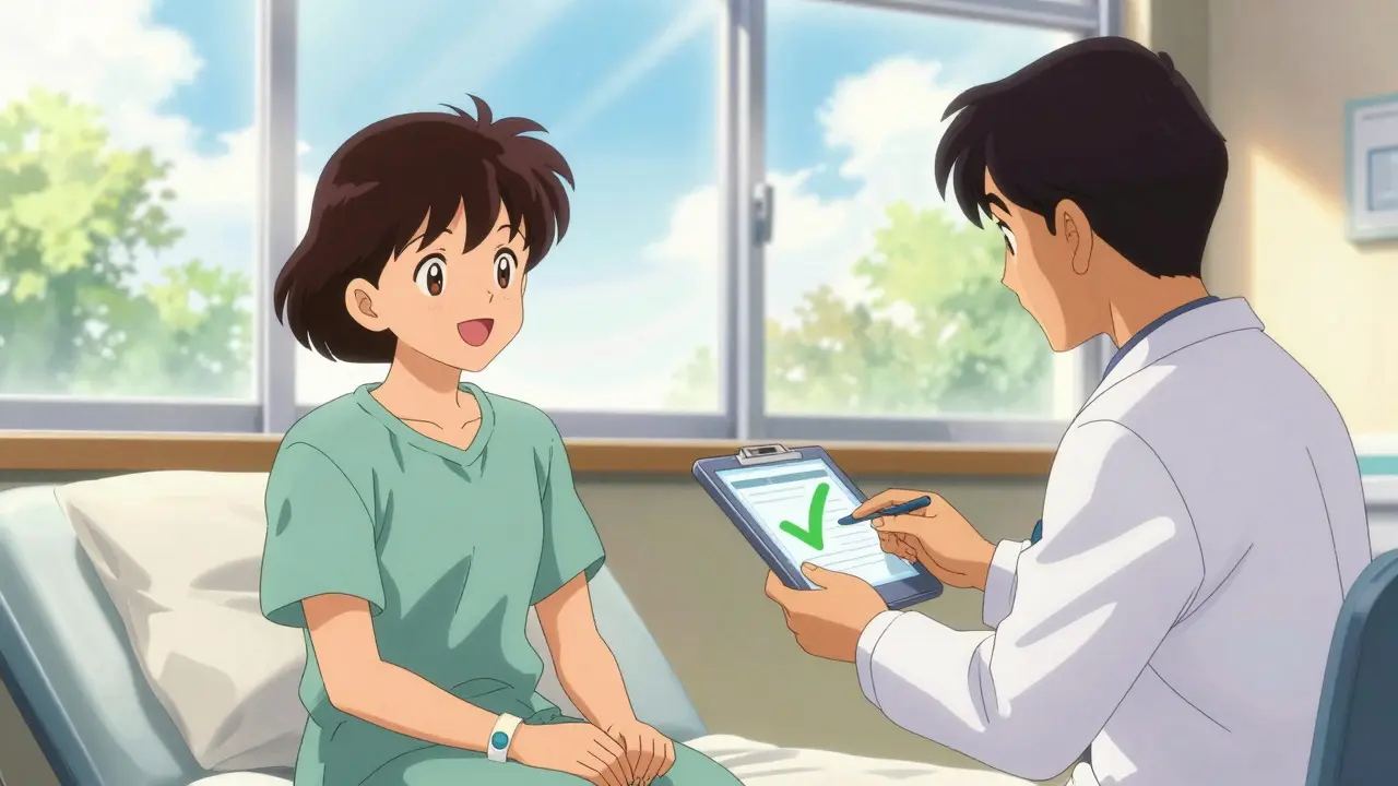 Retro anime illustration of a happy patient and doctor in a sunlit clinic, symbolizing successful treatment.