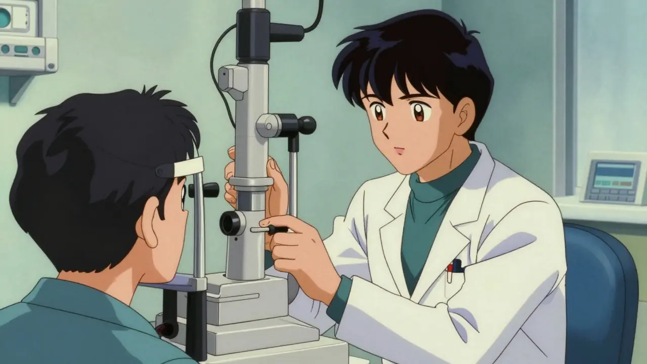 Retro anime scene of an eye doctor measuring intraocular pressure with a device.