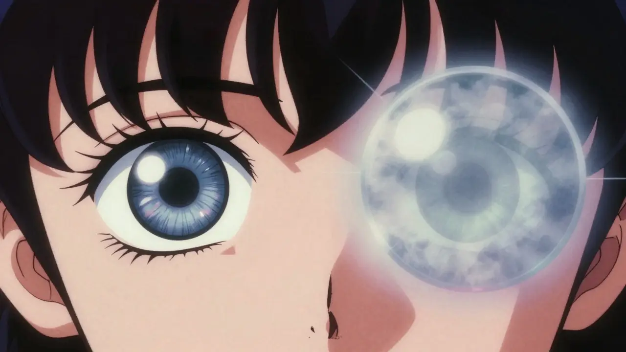 Retro anime split-screen showing a clear eye versus a clouded eye with a cataract.