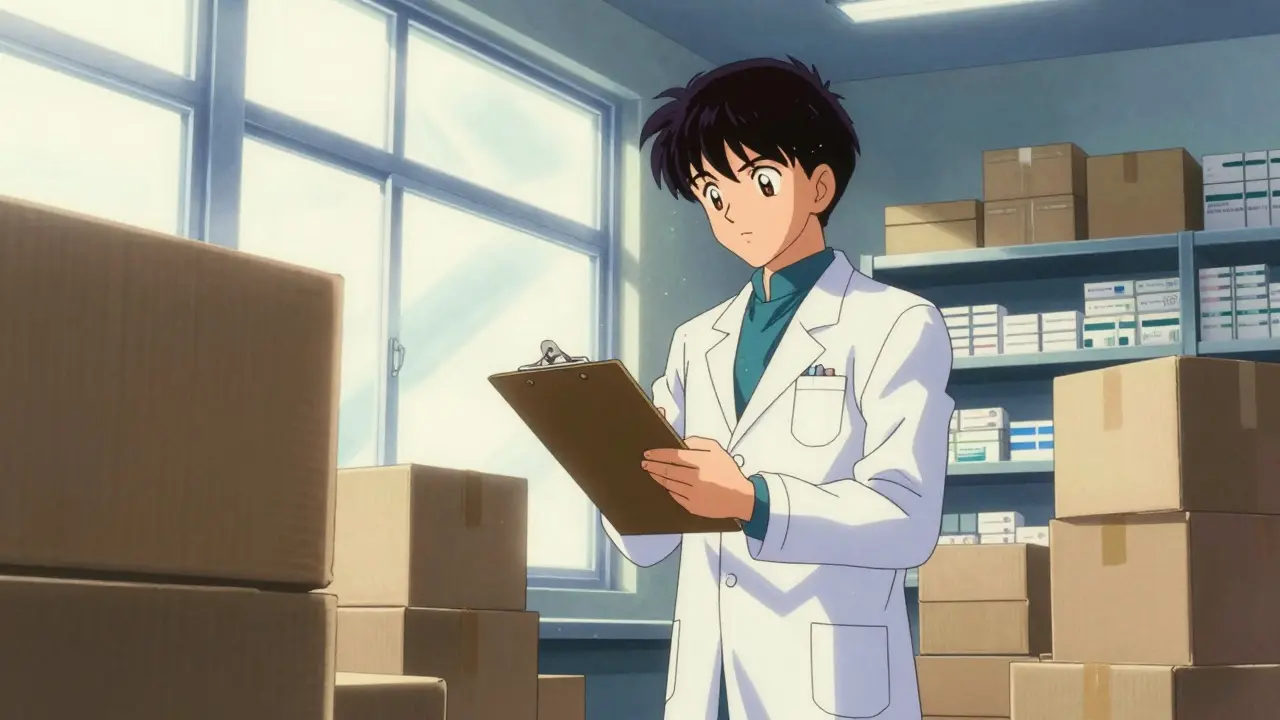 Staff member reviewing inventory boxes in a storage room.