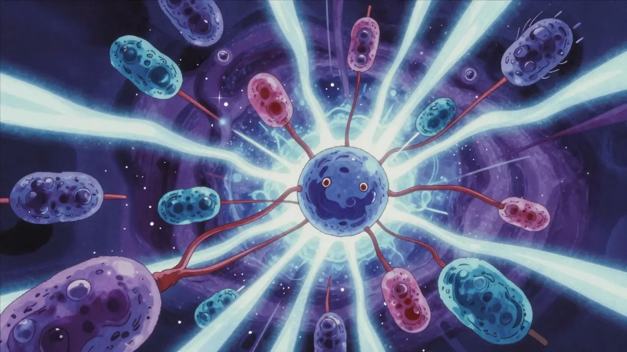 Stylized glowing white blood cells being produced in bone marrow, retro anime style.