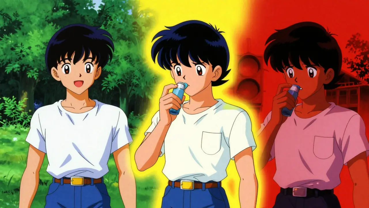 Three-panel anime sequence showing green, yellow, and red asthma zones.