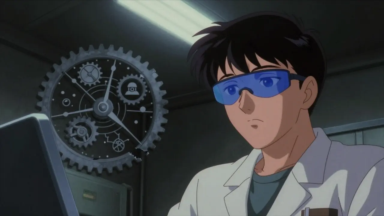 Tired night-shift worker wearing blue-light glasses with a fragmented biological clock symbol