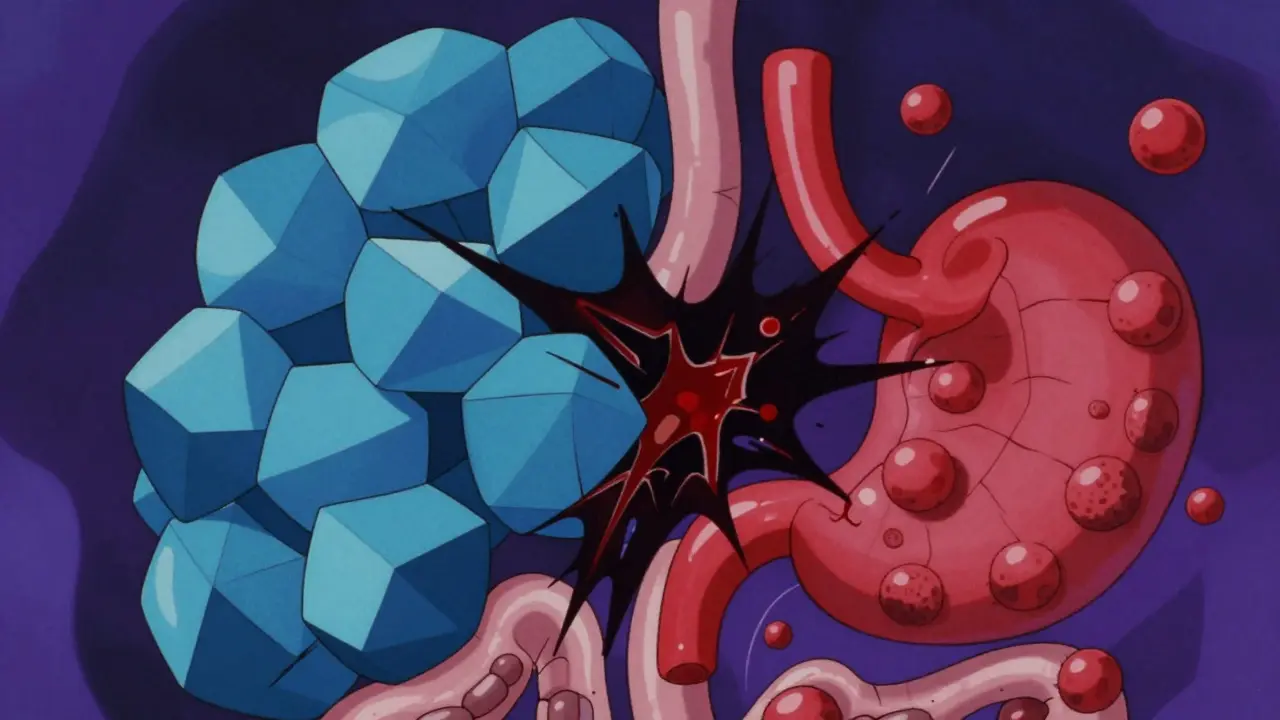 Abstract retro anime art depicting blocked clotting factors and platelets causing internal bleeding risks.
