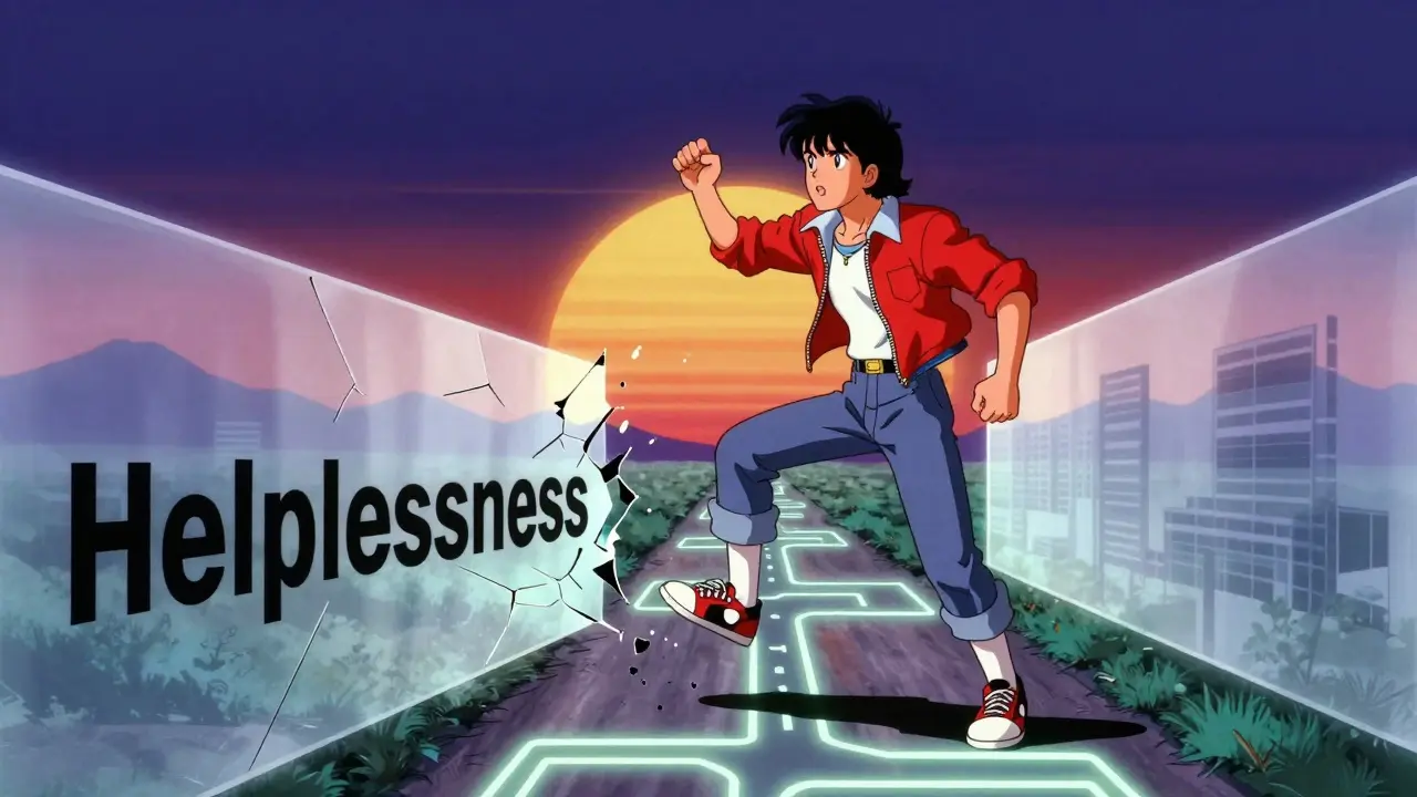 Anime character stepping forward breaking barriers of helplessness