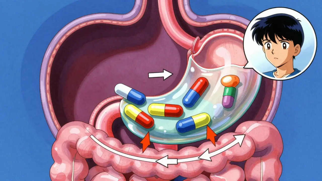 Anime diagram showing pills trapped in fiber gel