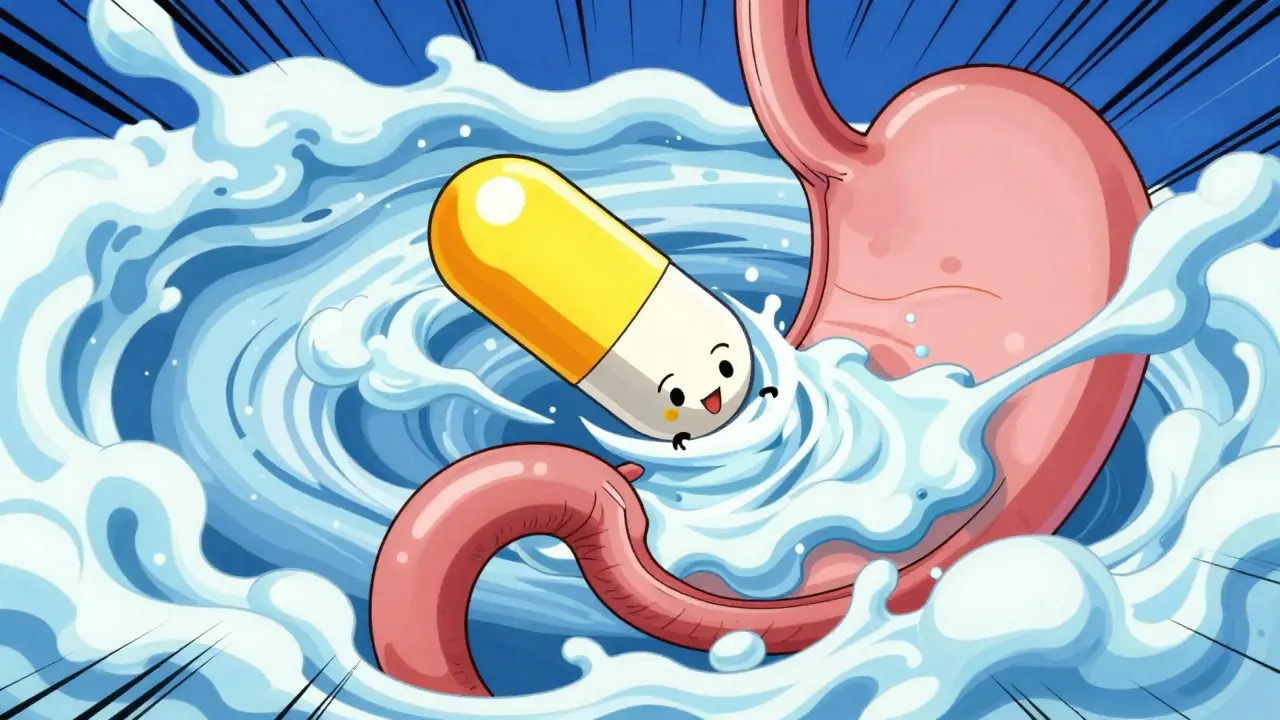 Anime illustration showing protein blocking medication absorption in the stomach.