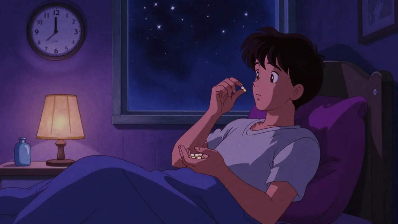 Character taking thyroid medication at night in a calm, retro anime style.