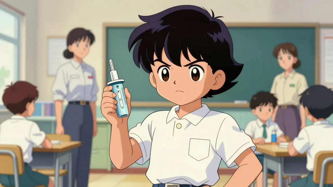 Child holding epinephrine injector in school cafeteria, retro anime