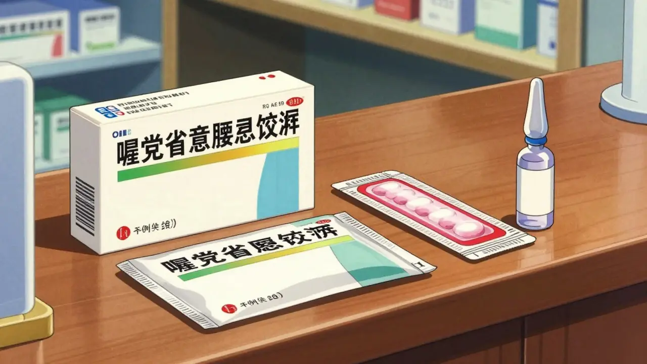 Close-up of pseudoephedrine, Plan B, and insulin on pharmacy counter