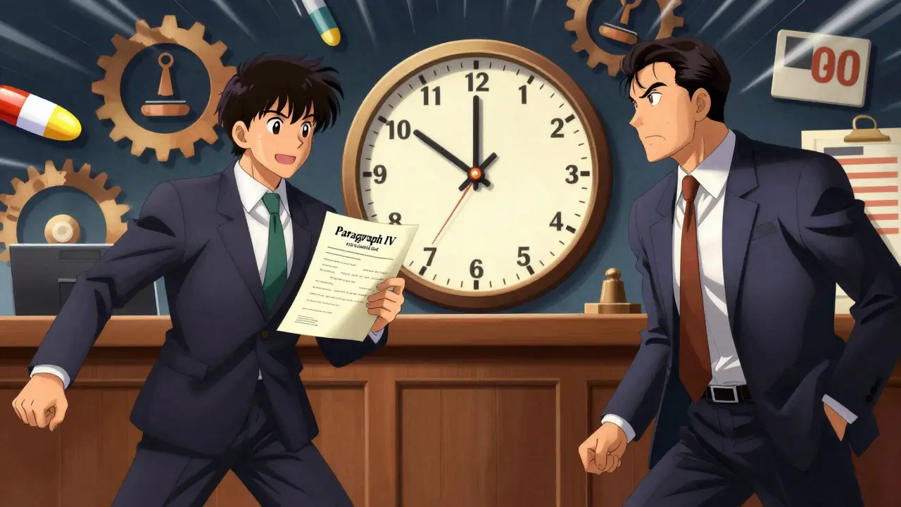 Dynamic retro anime scene of generic vs brand-name patent litigation in court.