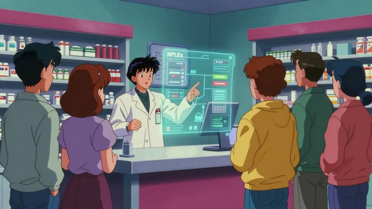 Futuristic pharmacy scene showing digital tracking of medication sales