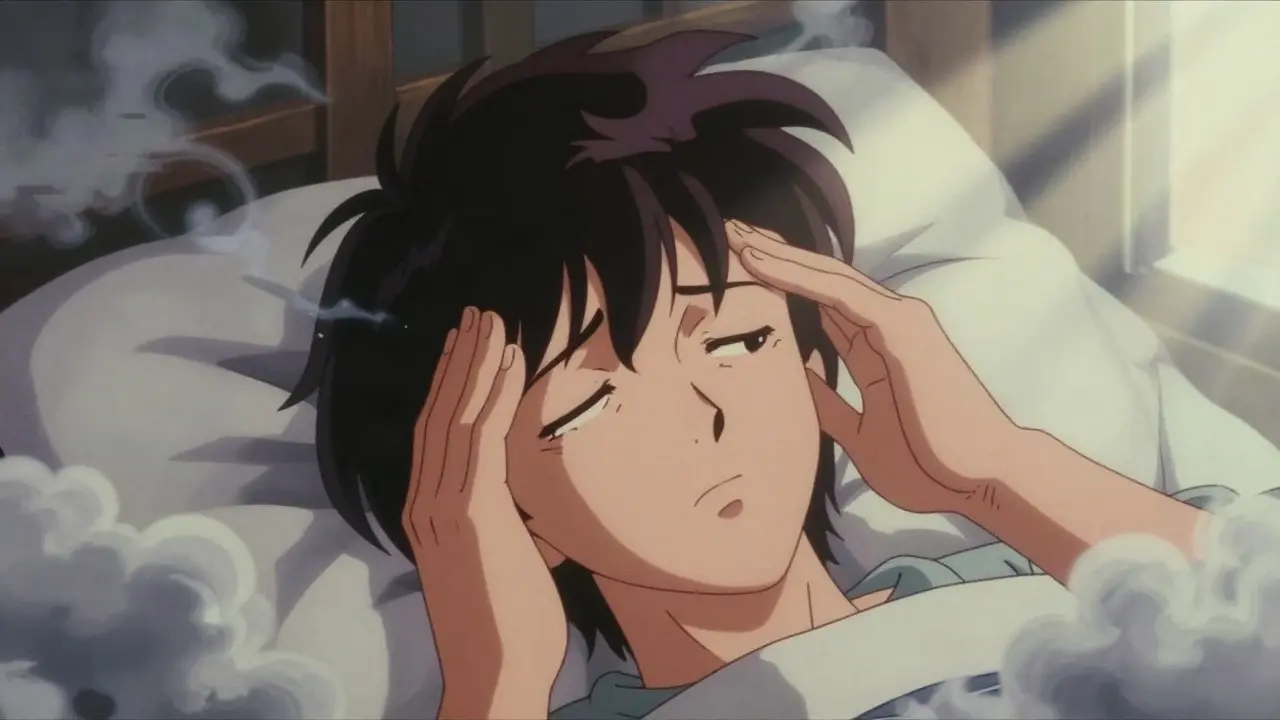 Groggy person waking up with brain fog in retro anime