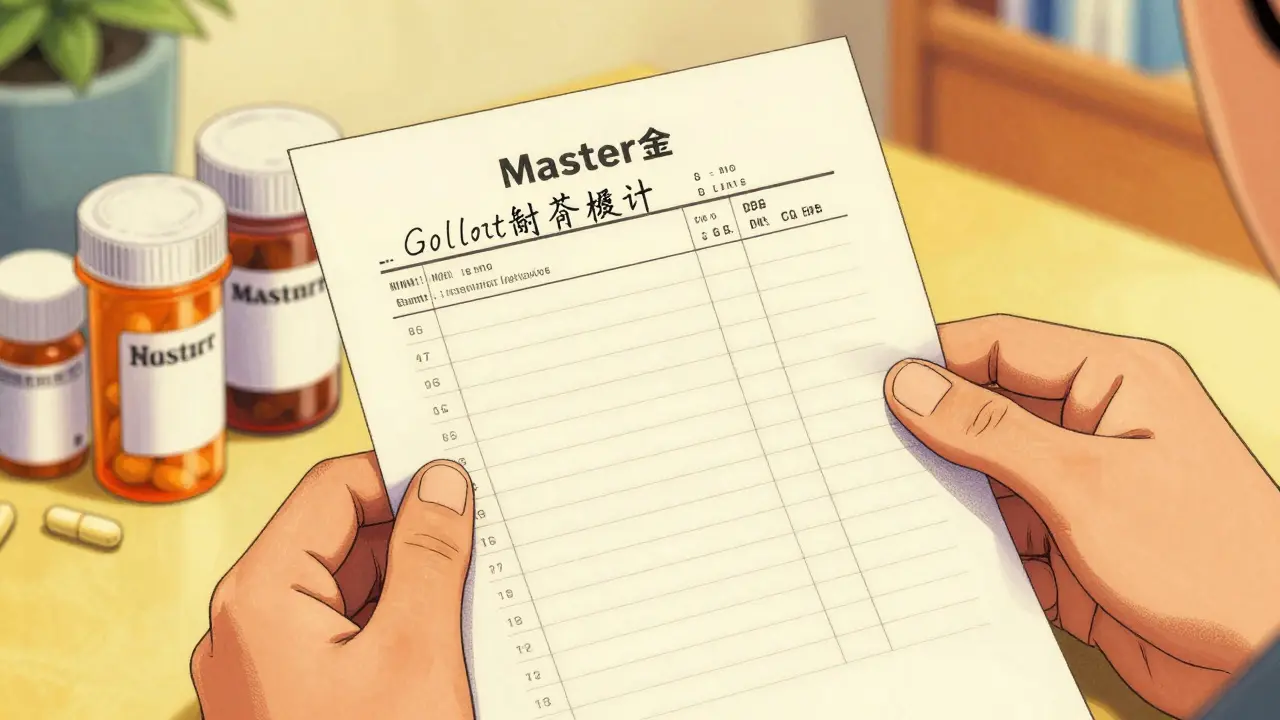 Hands holding a medication list and bottles in vintage manga style