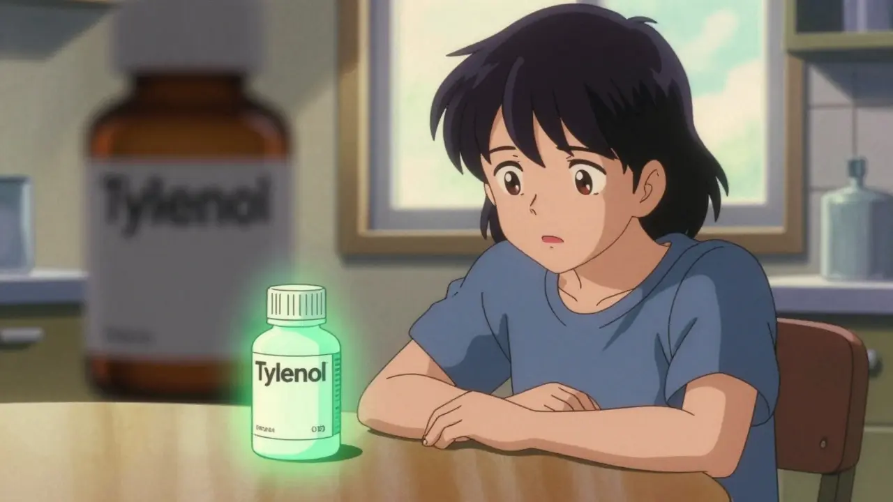 Patient choosing safe acetaminophen over dangerous NSAIDs in a warm, hopeful kitchen setting.