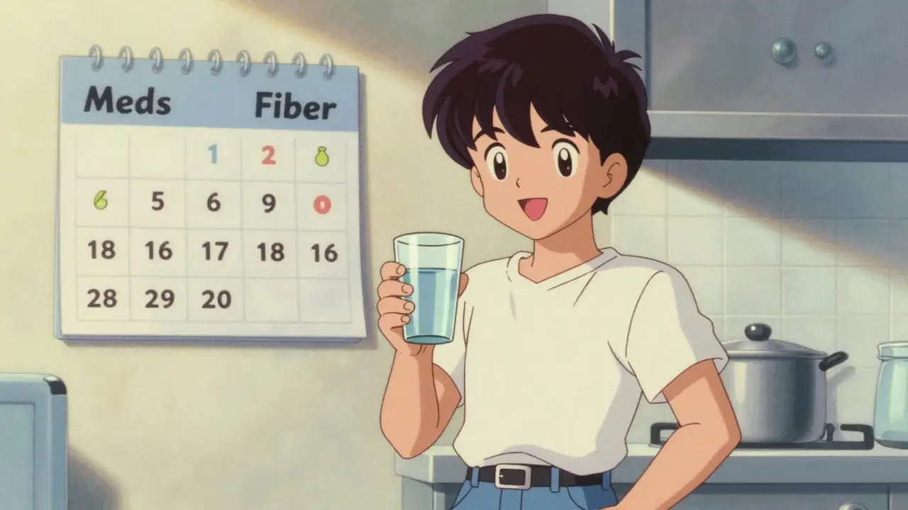 Person checking medication and fiber timing schedule