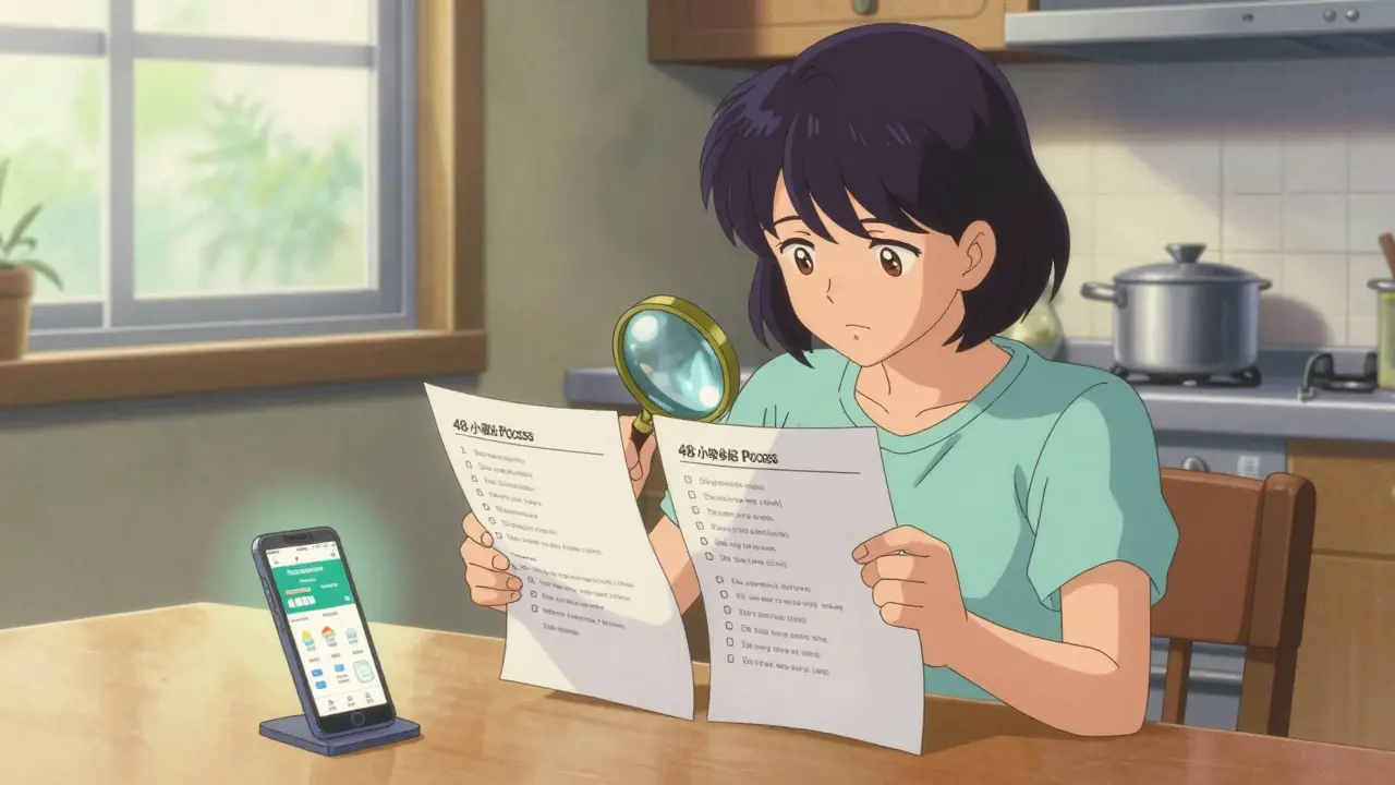 Person verifying meds with lists and phone in retro anime style