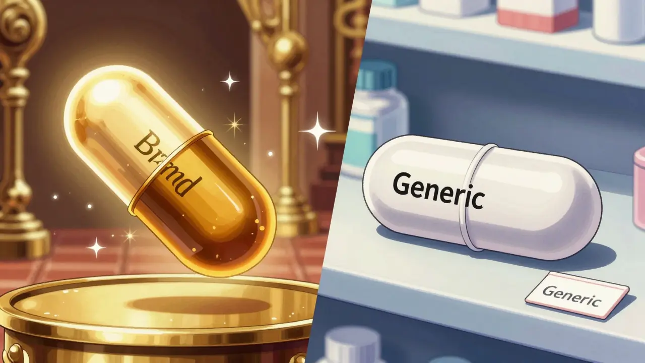 Retro anime comparison showing brand name vs generic antibiotic pills.