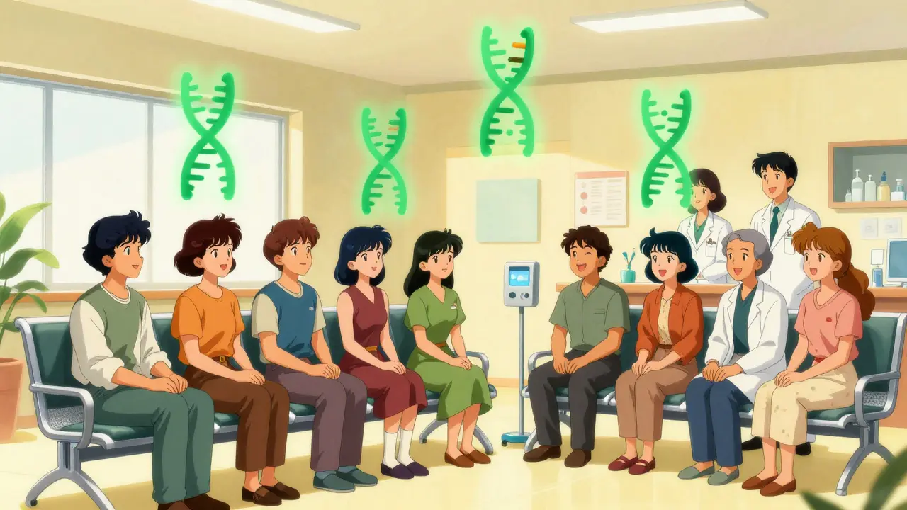 Retro anime illustration of diverse patients receiving safe, personalized genetic medical care in a clinic.