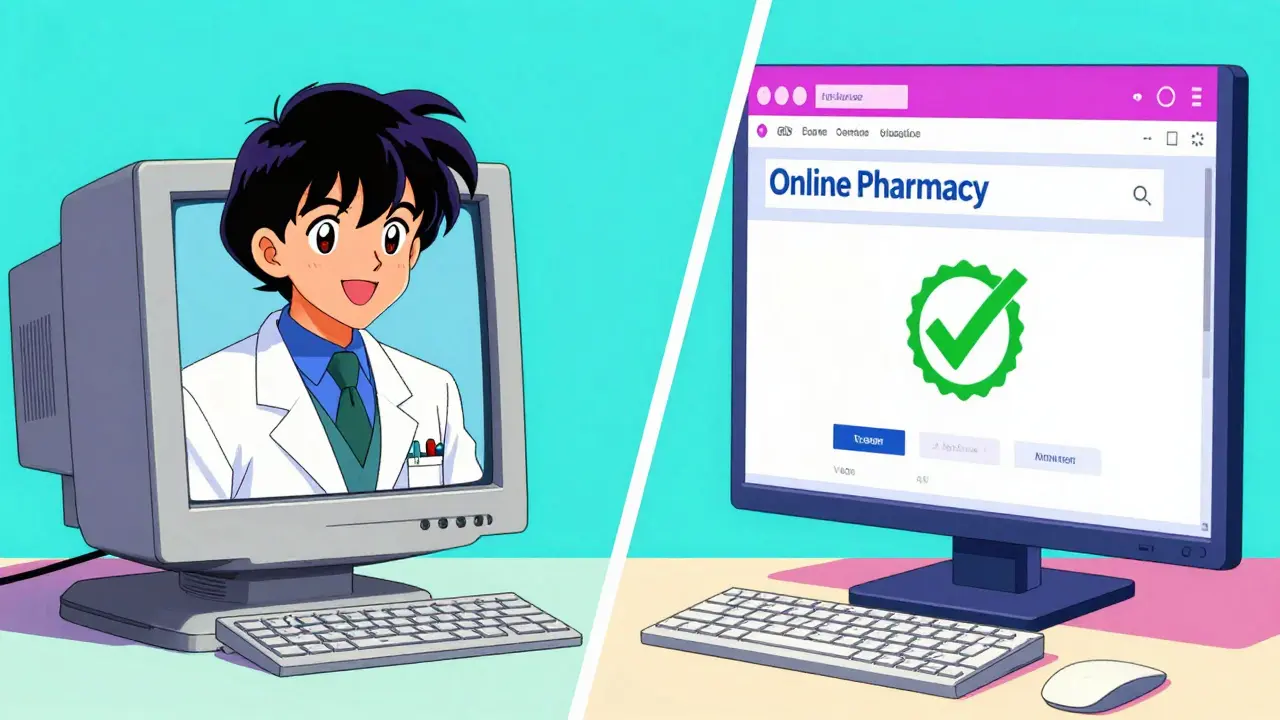 Retro anime scene showing telehealth and safe online pharmacy