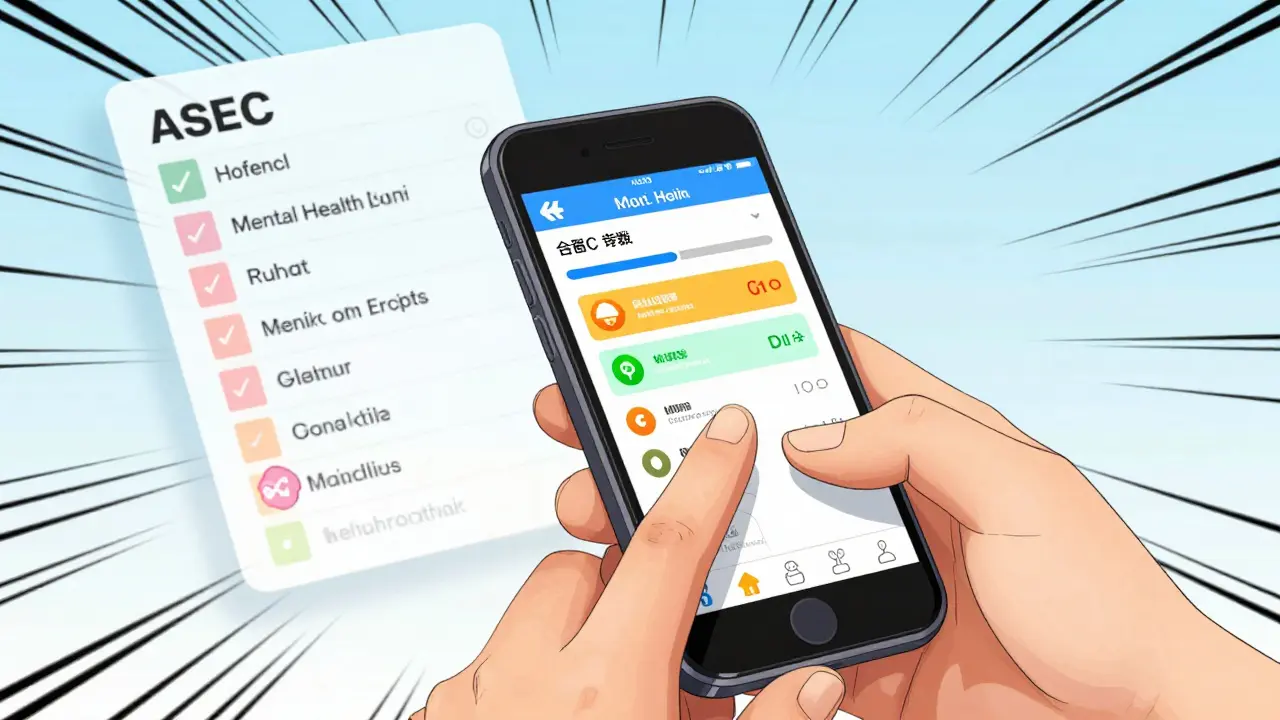 Retro manga style hands using a mental health tracking app on phone