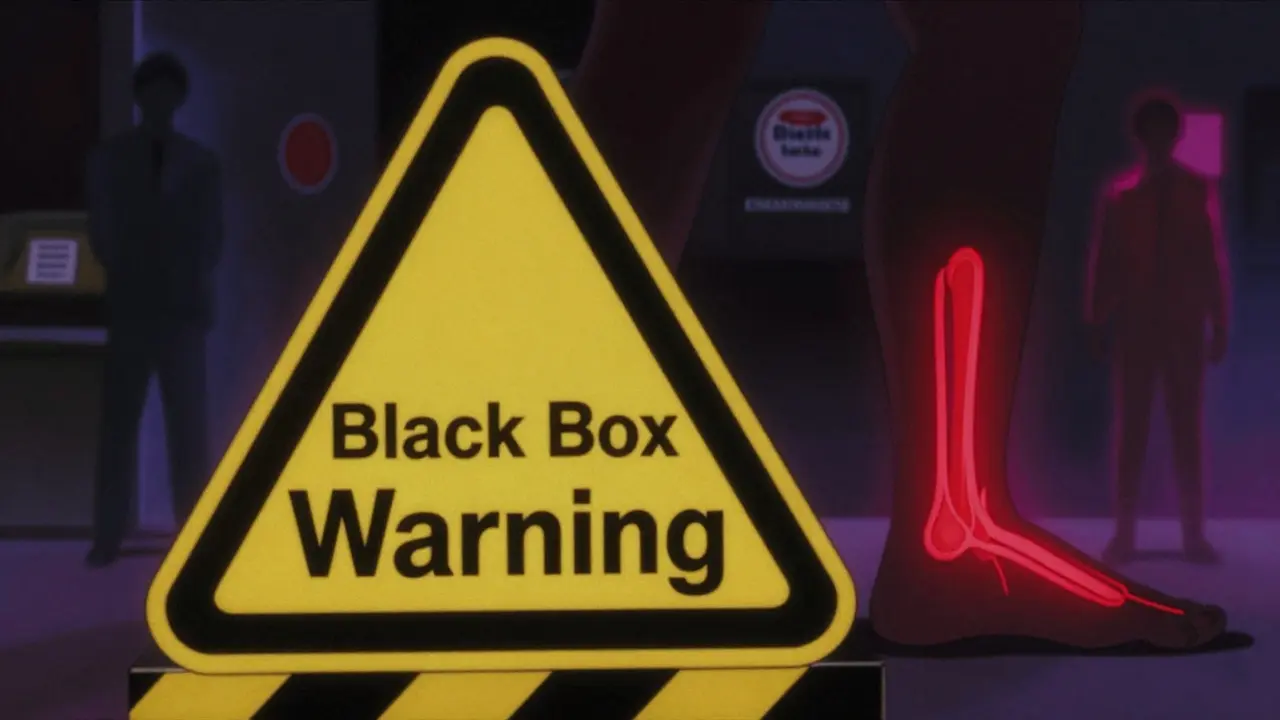 Stylized anime warning graphic depicting tendon risks and unsafe pharmacies.