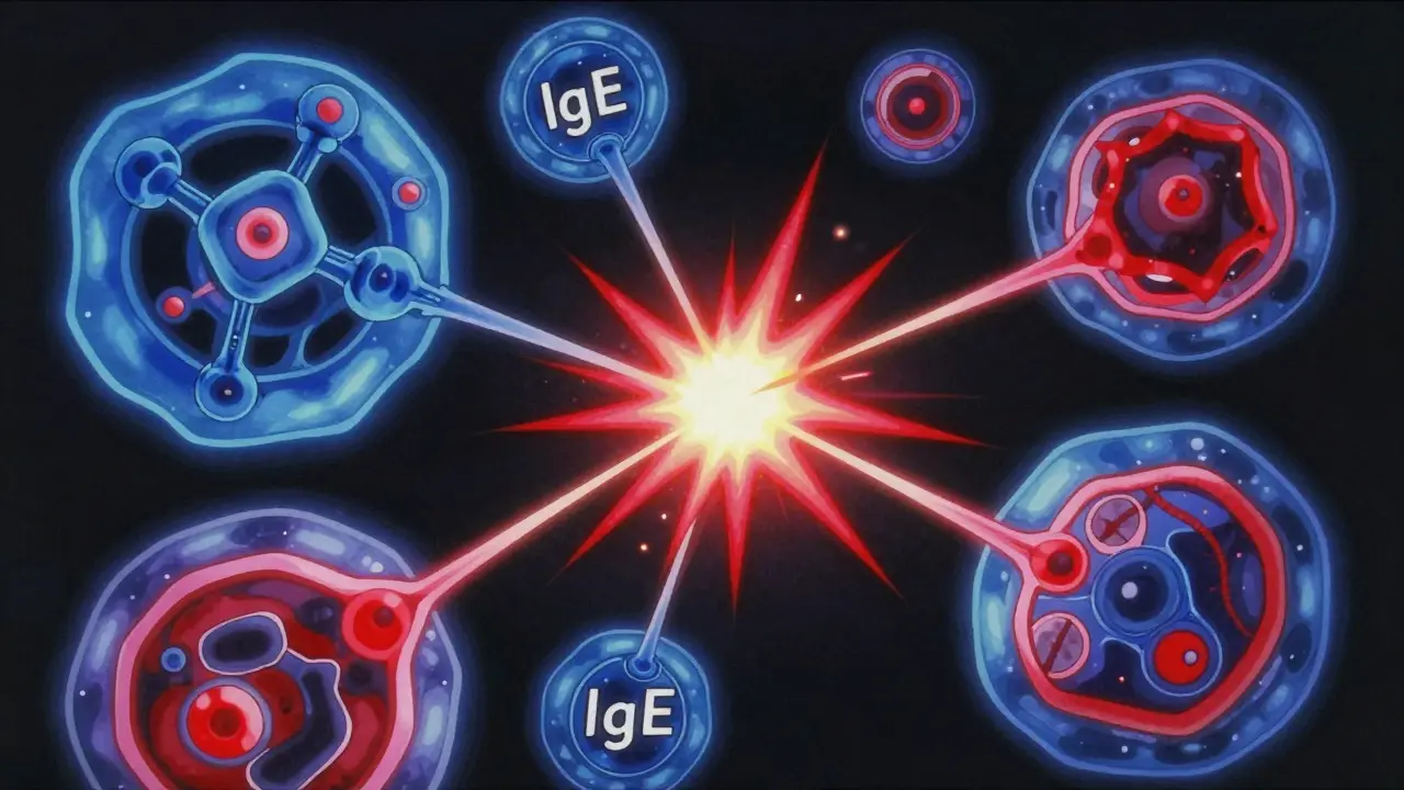 Stylized retro anime view of immune cells reacting to allergens