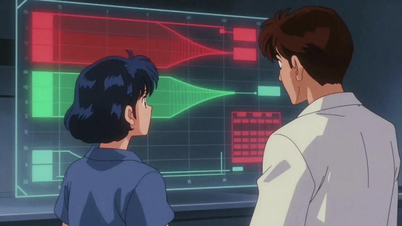 Vintage anime scene of doctor and patient viewing medical data chart