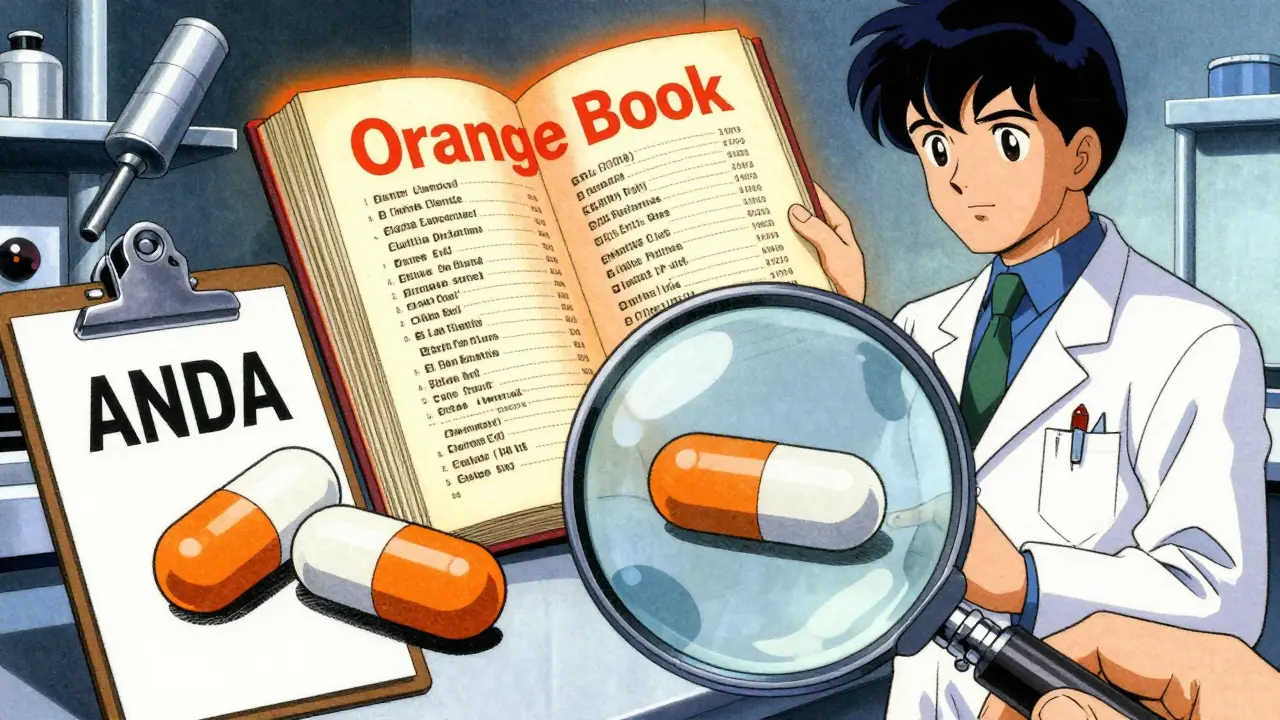 Vintage anime scientist reviewing ANDA paperwork next to an Orange Book reference.