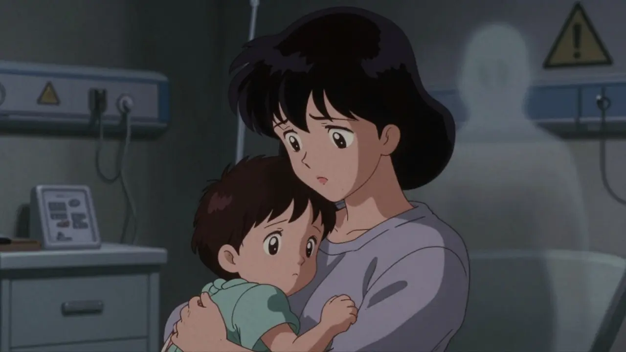 Vintage anime style drawing of a concerned parent holding a sick child in a tense hospital setting.