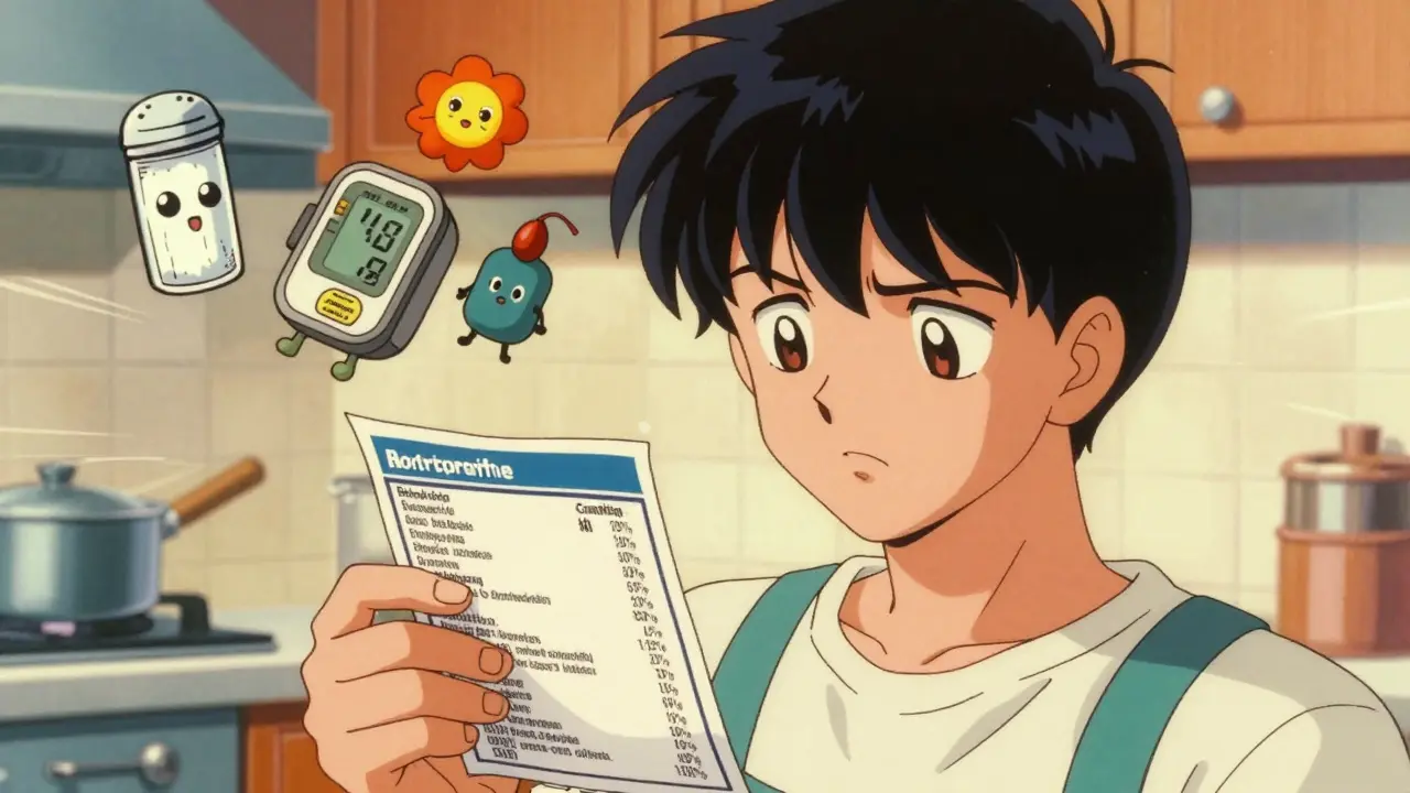 Anime character reading nutrition labels with cute health mascots in background