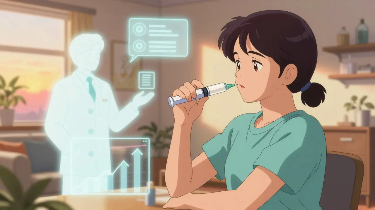 Anime patient using injectable pen with supportive health visuals