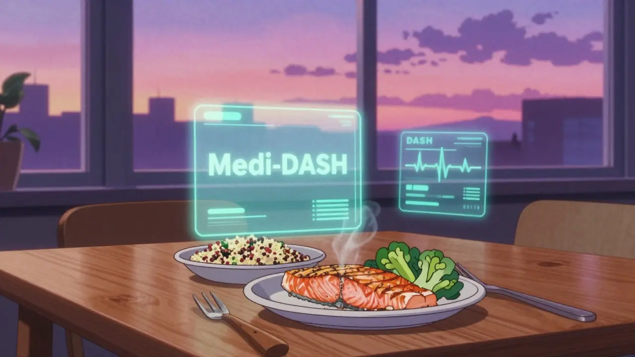 Cozy dinner scene with hybrid healthy meal and sunset view in retro anime style