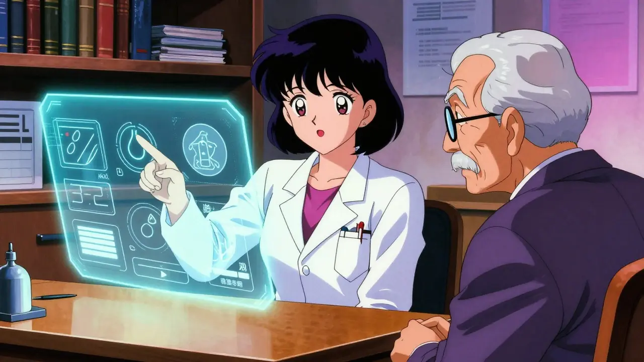 Doctor explaining medication safety charts to senior patient in anime style