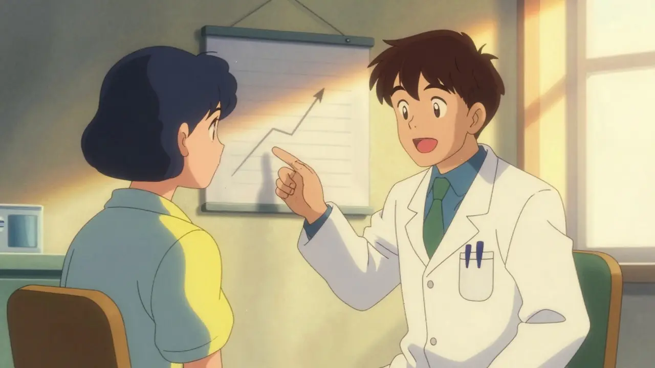 Doctor reassuring patient in clinic, aura changing from dark to warm yellow