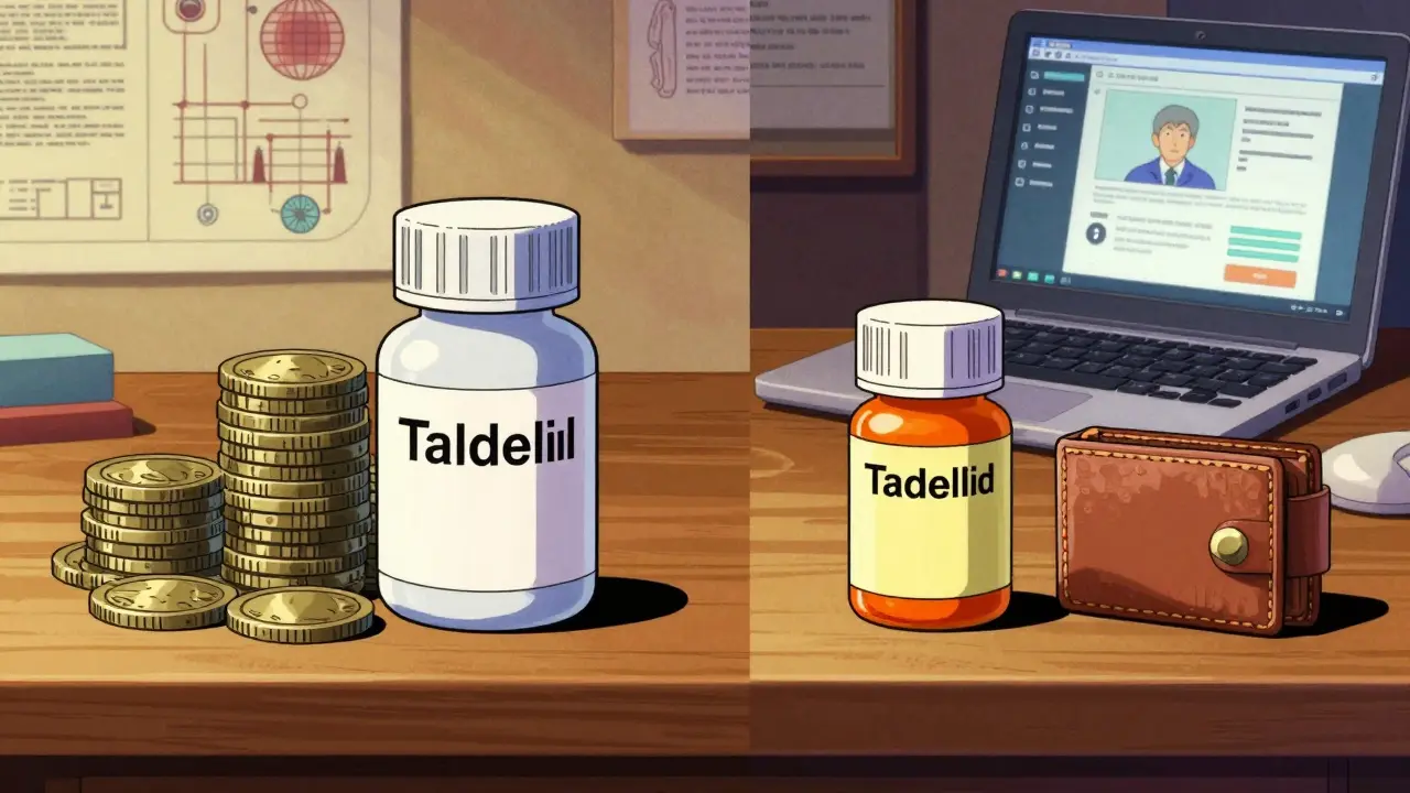 Generic vs brand name pills comparison showing cost savings on desk