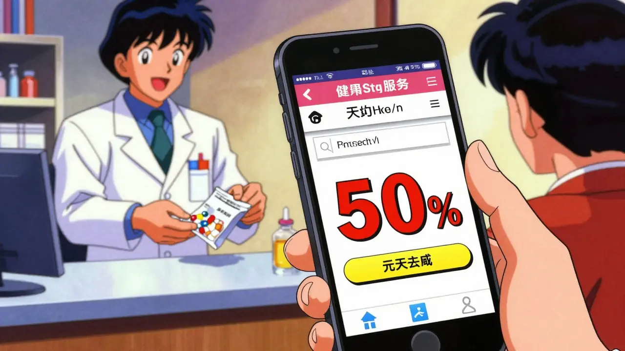 Hand holding phone showing low medication price with pharmacist in background