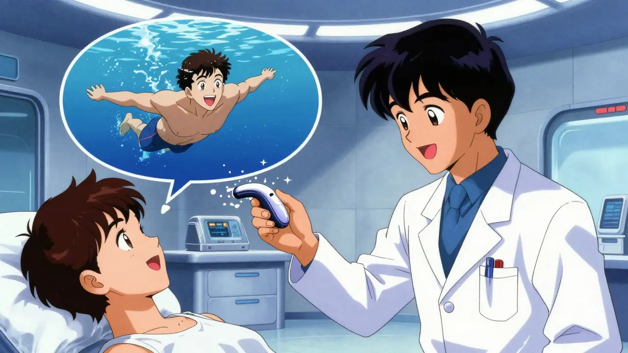Happy anime patient receiving a modern, invisible hearing implant device.