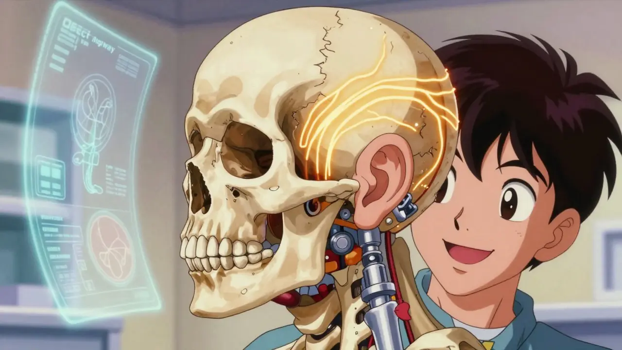 Retro anime cross-section showing sound vibrations traveling through skull bone.