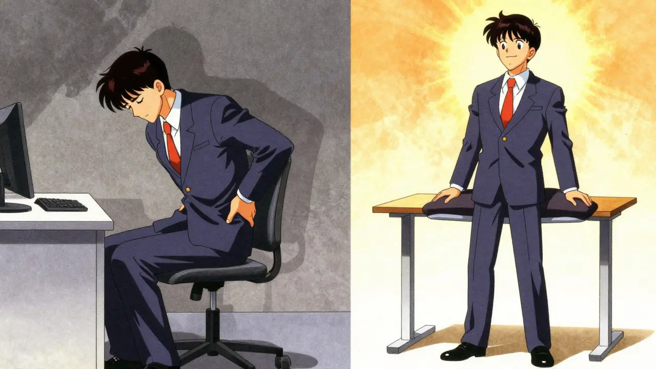 Retro anime split scene comparing bad vs good sitting ergonomics